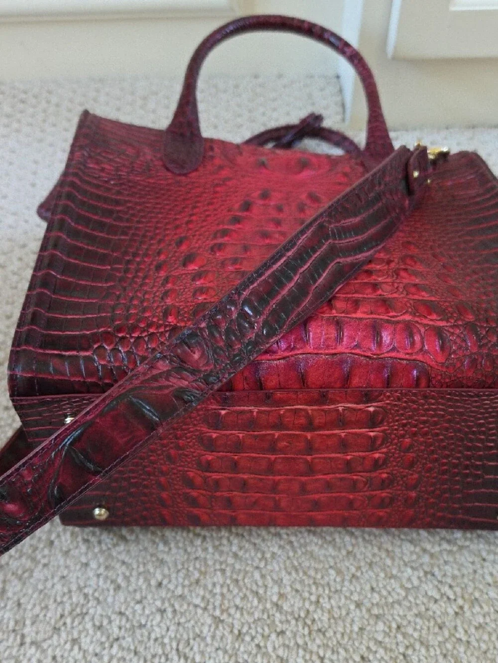 Brahmin Croc-Embossed Satchel in Burgundy Red with Gold Hardware
